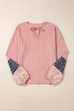 Load image into Gallery viewer, Dusty Pink Floral Patchwork Textured Knit Drawstring V Neck Blouse
