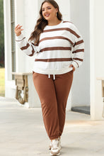 Load image into Gallery viewer, Brown Stripe Striped Drop Shoulder Pullover and Jogger Pants Set
