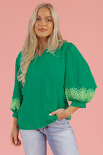 Load image into Gallery viewer, Green Contrast Floral Embroidered 3/4 Sleeve Notched V Neck Elegant Blouse
