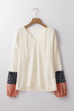 Load image into Gallery viewer, Beige Floral Patchwork Textured Knit Drawstring V Neck Blouse
