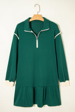 Load image into Gallery viewer, Evergreen Contrast Trim Zip Collar Long Sleeve Ruffle Hem Mini Dress
