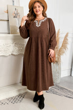 Load image into Gallery viewer, Coffee Embroidered Notched Neckline Textured Pleated High Waist Plus Size Midi Dress
