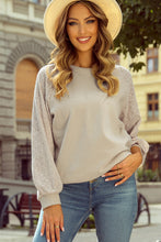 Load image into Gallery viewer, Parchment Eyelet Knit Patchwork Raglan Sleeve Pullover Top
