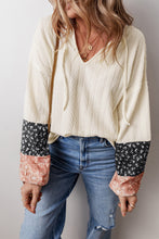 Load image into Gallery viewer, Beige Floral Patchwork Textured Knit Drawstring V Neck Blouse
