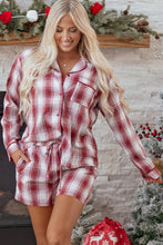 Load image into Gallery viewer, Red Retro Plaid Long Sleeve Shirt Drawstring Shorts 2pcs Lounge Set
