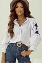 Load image into Gallery viewer, White Floral Embroidered Bracelet Sleeve Shirt
