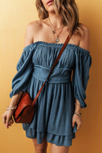 Load image into Gallery viewer, Real Teal Frilled Neckline 3/4 Sleeve Layered Ruched Mini Dress
