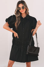 Load image into Gallery viewer, Black Shirt Style Button Down Puff Sleeve Ruffle Hem Dress
