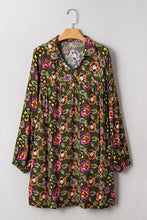 Load image into Gallery viewer, Green Floral Print Split Neck Bubble Sleeve Shift Mini Dress
