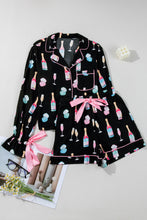 Load image into Gallery viewer, Color black Christmas Wine Glass Print Bow Knot Two Piece Pajama Set
