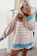 Load image into Gallery viewer, Khaki Stripe Contrast Edge Drop Shoulder Pullover and Shorts Plus Size Set
