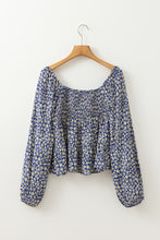 Load image into Gallery viewer, Blue Boho Floral Print Smocked Square Neck Loose Fit Blouse
