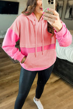 Load image into Gallery viewer, Pink Textured Color Block Kangaroo Pocket Drop Shoulder Hoodie
