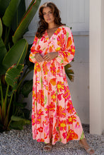 Load image into Gallery viewer, Beige Floral Print Smocked Detail V Neck Puff Sleeve Flowy Maxi Dress
