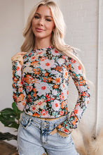 Load image into Gallery viewer, Orange Floral Mesh Slim Long Sleeve Crop Top
