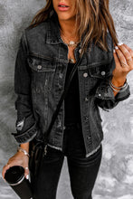 Load image into Gallery viewer, Black Lapel Distressed Raw Hem Buttons Denim Jacket
