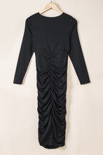 Load image into Gallery viewer, Black Long Sleeves Wrap V Neck Ruched Sheath Midi Dress
