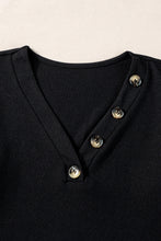 Load image into Gallery viewer, Black Buttoned V Neck Ribbed Puff Sleeve Top
