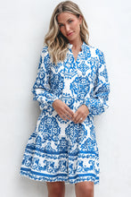 Load image into Gallery viewer, Sky Blue Tribal Print Button Up Notch Neck Loose Mini Dress
