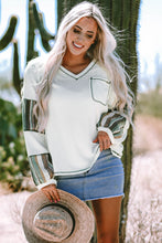 Load image into Gallery viewer, White Striped Patchwork Exposed Seam Waffle Knit Top
