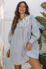 Load image into Gallery viewer, Black Stripe Floral Patchwork Tied V Neck Shift Long Sleeve Mini Dress
