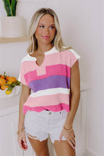 Load image into Gallery viewer, Pink Color Block Notch V Neck Sweater T Shirt
