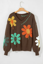 Load image into Gallery viewer, Coffee Big Flower Pattern V Neck Drop Shoulder Sweater
