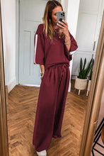 Load image into Gallery viewer, Burgundy Varsity Striped 3/4 Sleeve Pullover Drawstring Sweatpants Set

