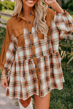Load image into Gallery viewer, Khaki Plaid Color Block Patchwork Ruffle Hem Tunic Shirt Dress
