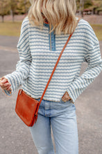 Load image into Gallery viewer, Sky Blue Stripe Textured Frilly Trim Buttons Henley Long Sleeve Top
