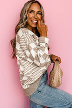 Load image into Gallery viewer, Khaki Checkered Print Drop Shoulder Round Neck Sweater
