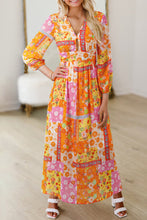 Load image into Gallery viewer, Orange Floral Patchwork Print Cut out Tied Back Bracelet Sleeve Maxi Dress
