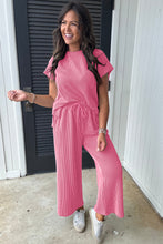 Load image into Gallery viewer, Bright Pink Solid Corded Knit Short Sleeve T Shirt and Wide Leg Pants Set
