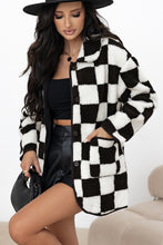 Load image into Gallery viewer, Black Checkered Side Pockets Collared Buttoned Fleece Jacket
