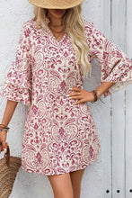 Load image into Gallery viewer, Pink Paisley Print Tiered 3/4 Sleeve Notched Neck Mini Dress
