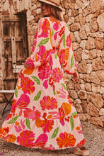 Load image into Gallery viewer, Beige Floral Print Smocked Detail V Neck Puff Sleeve Flowy Maxi Dress
