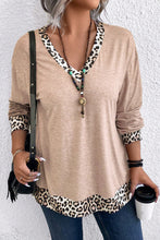 Load image into Gallery viewer, Parchment Leopard Patchwork V Neck Long Sleeve Plus Size Top

