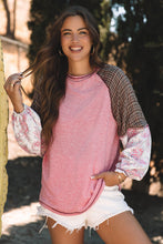 Load image into Gallery viewer, Fushia Mixed Print Raglan Sleeve Ribbed Knit Patchwork Blouse
