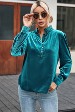 Load image into Gallery viewer, Green Frilled Neck Buttoned Front Velvet Top
