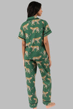 Load image into Gallery viewer, Green Cheetah Print Short Sleeve Shirt and Pants Pajama Set
