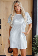 Load image into Gallery viewer, White Stripe Ruffled Short Sleeve Crew Neck T Shirt Shift Mini Dress
