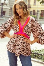 Load image into Gallery viewer, Khaki Cheetah Color Block V Neck Balloon Sleeve Babydoll Blouse
