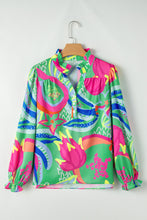 Load image into Gallery viewer, Green Abstract Print Ruffled Sleeve Buttoned V Neck Blouse
