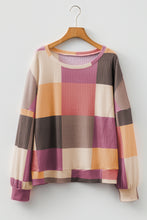 Load image into Gallery viewer, Rose Red Checkered Print Textured Knit Long Sleeve Loose Top
