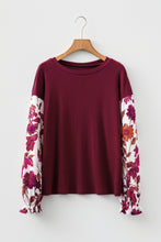 Load image into Gallery viewer, Wild Ginger Contrast Floral Sleeve Solid Ribbed Body Patchwork Long Sleeve Top
