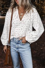 Load image into Gallery viewer, White Eyelet Embroidered Puff Sleeve V Neck Blouse
