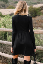 Load image into Gallery viewer, Black Frilled Neck Ribbed Knit Patchwork Long Sleeve Mini Dress
