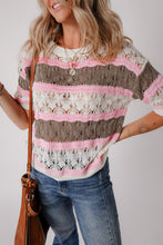 Load image into Gallery viewer, Brown Stripe Color Block Hollow Out Crochet Half Sleeve Sweater
