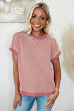 Load image into Gallery viewer, Light Pink Textured Contrast Trim Round Neck T Shirt
