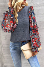 Load image into Gallery viewer, Blue Pale Chestnut Ruffle Tiered Floral Sleeve Crew Neck Blouse
